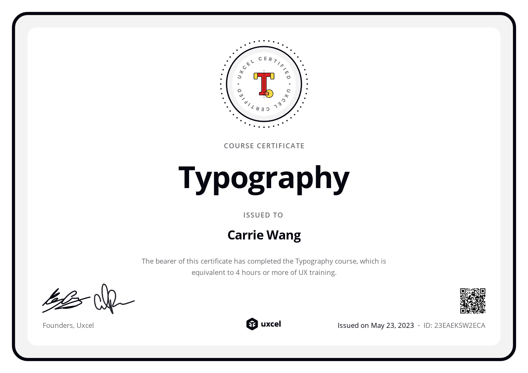 Carrie Wang's certificate